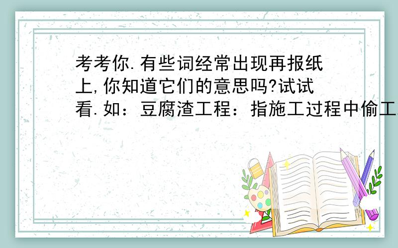 考考你.有些词经常出现再报纸上,你知道它们的意思吗?试试看.如：豆腐渣工程：指施工过程中偷工减料,导致质量低劣地建筑工程.(1)白色污染：(2)倒计时：(3)地球村：要简短点