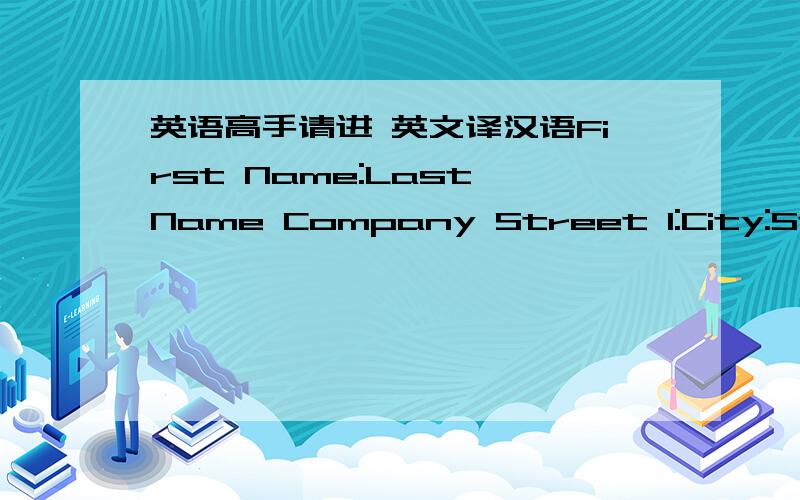 英语高手请进 英文译汉语First Name:Last Name Company Street 1:City:State/Province:Zip/Postal code:Country:Phone:E-mail Address:Alternate E-mail:VAT Number:Please choose your method of payment:card Number:Expiration Date:Card Security Code I