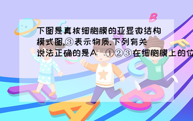 下图是真核细胞膜的亚显微结构模式图,③表示物质.下列有关说法正确的是A．①②③在细胞膜上的位置并不是静止不动的      B.细胞识别与①有关  C.②在细胞膜上分布是不均匀的        D.③的