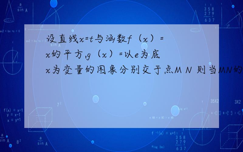 设直线x=t与涵数f（x）=x的平方,g（x）=以e为底x为变量的图象分别交于点M N 则当MN的绝对值达最小值t的值