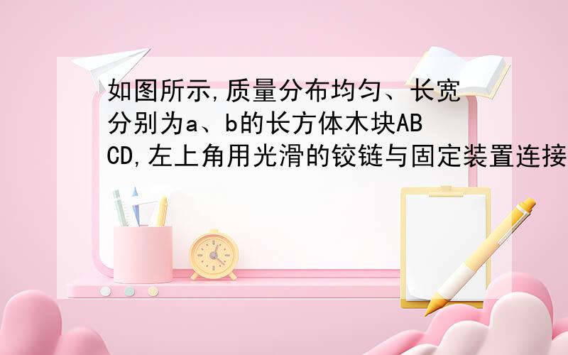 如图所示,质量分布均匀、长宽分别为a、b的长方体木块ABCD,左上角用光滑的铰链与固定装置连接,小物块放在光滑水平面将木块支撑起来,长方体木块的质量为m,其底边DC与水平面平行,与小物块