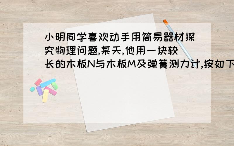 小明同学喜欢动手用简易器材探究物理问题,某天,他用一块较长的木板N与木板M及弹簧测力计,按如下方法研究滑动摩擦力有关的因素,先将长木板N平放.用弹簧测力计拉着木块M在N上做匀速直线