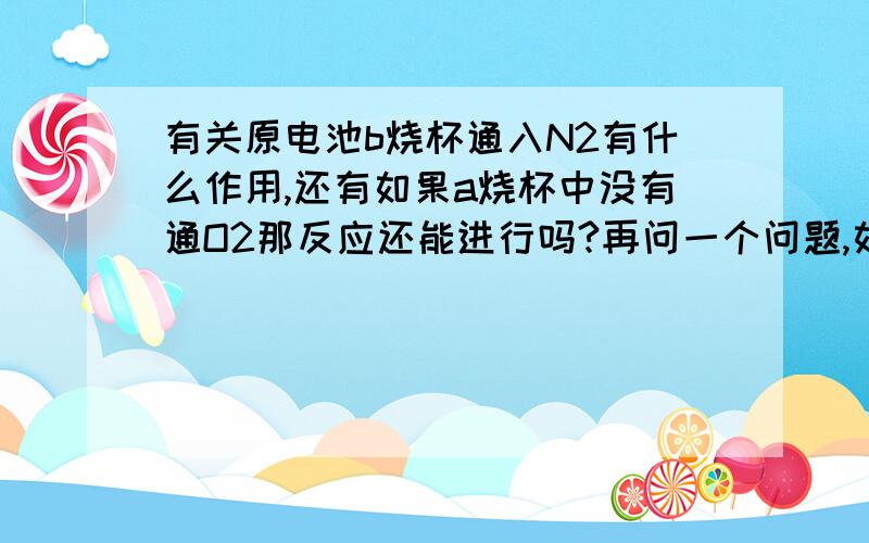 有关原电池b烧杯通入N2有什么作用,还有如果a烧杯中没有通O2那反应还能进行吗?再问一个问题,如果在酸性条件下,正极是H+先还原还是O2先还原,是生成H2还是OH-啊?