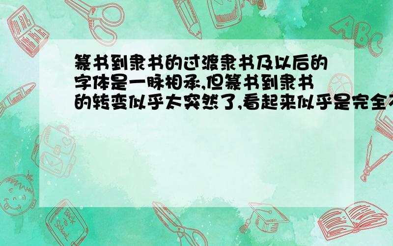 篆书到隶书的过渡隶书及以后的字体是一脉相承,但篆书到隶书的转变似乎太突然了,看起来似乎是完全不同的文字.有没有中间的字体被发现?CCTV探索发现好像有一期提到过这个问题但那一集