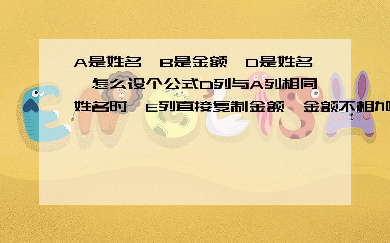 A是姓名,B是金额,D是姓名,怎么设个公式D列与A列相同姓名时,E列直接复制金额,金额不相加,金额取最小值.因为有A列有同名的,金额也不相同