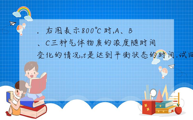 ．右图表示800℃时,A、B、C三种气体物质的浓度随时间变化的情况,t是达到平衡状态的时间.试回答：（1）该反应的反应物是 .（1分）（2）该反应的化学方程式是（3）若达到平衡状态的时间2mi