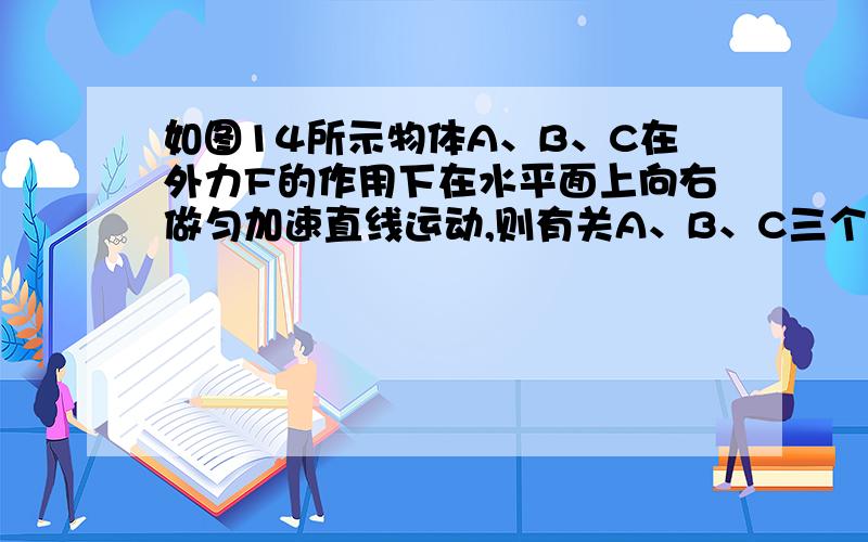 如图14所示物体A、B、C在外力F的作用下在水平面上向右做匀加速直线运动,则有关A、B、C三个物体受力情况A．物体A一定受5个力作用B．物体B可能受4个力作用,也可能受5个力作用C．物体C一定