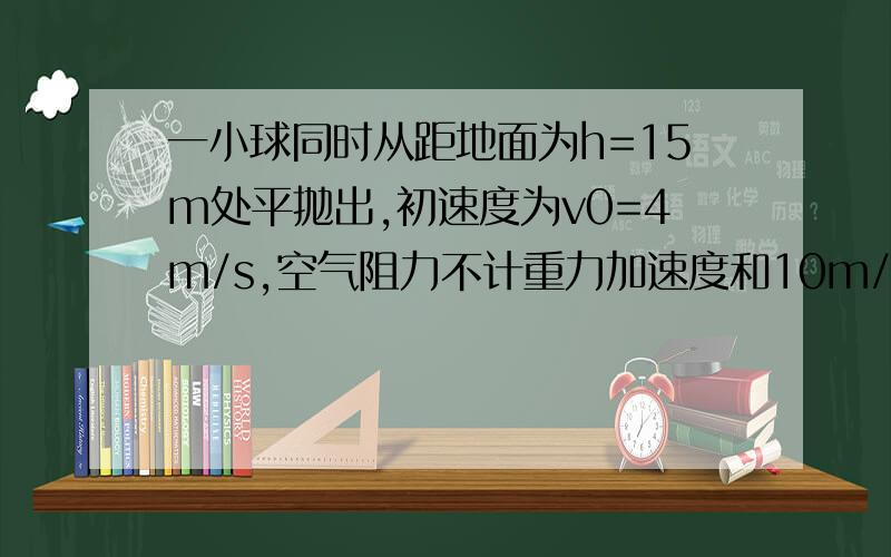 一小球同时从距地面为h=15m处平抛出,初速度为v0=4m/s,空气阻力不计重力加速度和10m/s2求：1,小球经多长时间落地2,小球落地时的速度3,小球落地时距水平抛出点的距离