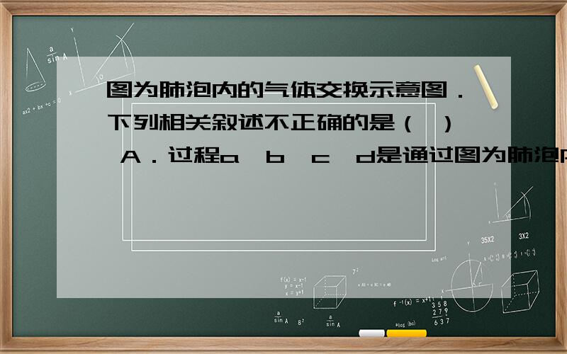 图为肺泡内的气体交换示意图．下列相关叙述不正确的是（ ） A．过程a、b、c、d是通过图为肺泡内的气体交换示意图．下列相关叙述不正确的是（　　）A．过程a、b、c、d是通过人体的呼吸