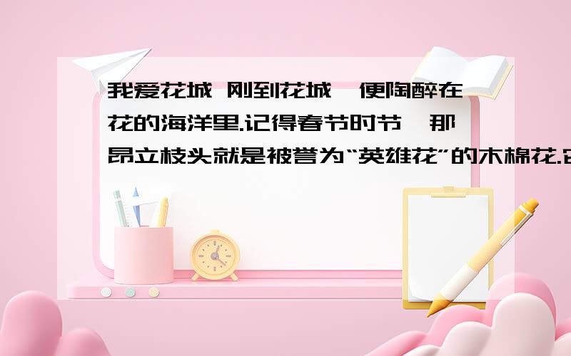 我爱花城 刚到花城,便陶醉在花的海洋里.记得春节时节,那昂立枝头就是被誉为“英雄花”的木棉花.它色彩鲜艳,蓬勃向上,给人以坚定、凝重、朴实的感觉.当热风吹走带有几分寒意的春季时,