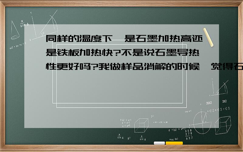 同样的温度下,是石墨加热高还是铁板加热快?不是说石墨导热性更好吗?我做样品消解的时候咋觉得石墨的更慢呢?