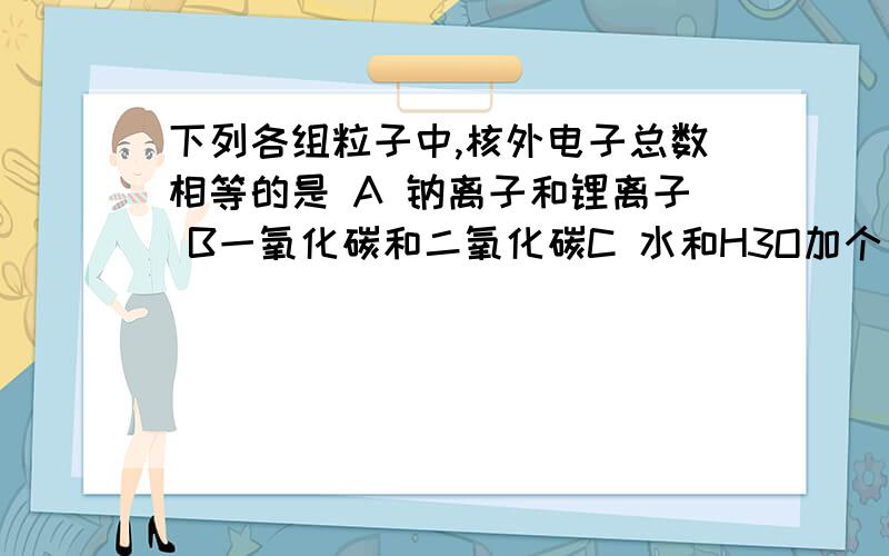 下列各组粒子中,核外电子总数相等的是 A 钠离子和锂离子 B一氧化碳和二氧化碳C 水和H3O加个“+”符号 D一氧化氮和一氧化碳我需要详细的解析,不要只是个答案