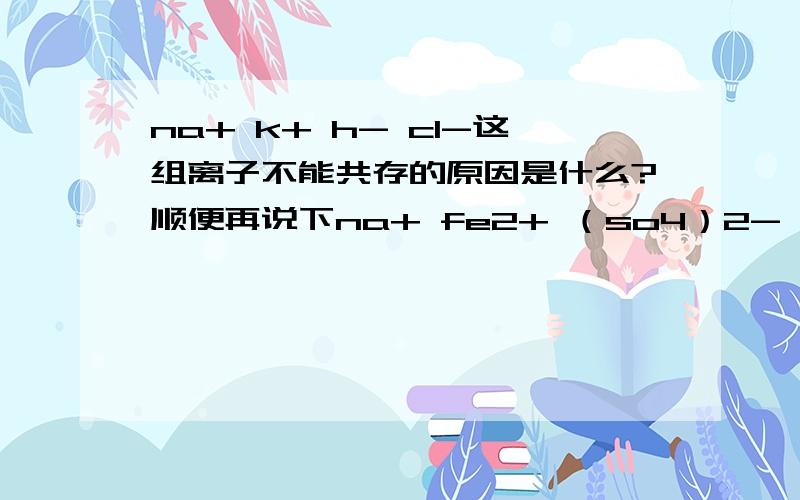 na+ k+ h- cl-这组离子不能共存的原因是什么?顺便再说下na+ fe2+ （so4）2- （no3）-这组不能共存的原因吧.谢了.