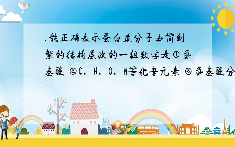 .能正确表示蛋白质分子由简到繁的结构层次的一组数字是①氨基酸 ②C、H、O、N等化学元素 ③氨基酸分子相互结合④多肽 ⑤肽链 ⑥形成具有一定空间结构的蛋白质分子A．①②③④⑤⑥ B．