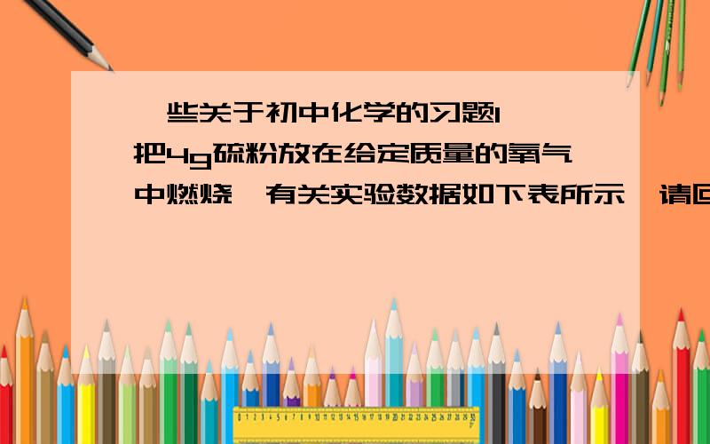 一些关于初中化学的习题1、 把4g硫粉放在给定质量的氧气中燃烧,有关实验数据如下表所示,请回答问题：第一次第二次第三次氧气的质量3g4g6g二氧化硫的质量6g（1）第一次实验中参加反应的S