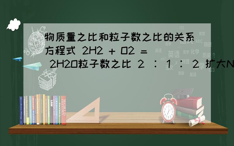 物质量之比和粒子数之比的关系方程式 2H2 + O2 = 2H2O粒子数之比 2 ∶ 1 ∶ 2 扩大NA倍 2NA ∶ 1NA ∶ 2NA物质的量之比 ——∶ —— ∶ —— 质量比：——∶ —— ：——结论：—————————