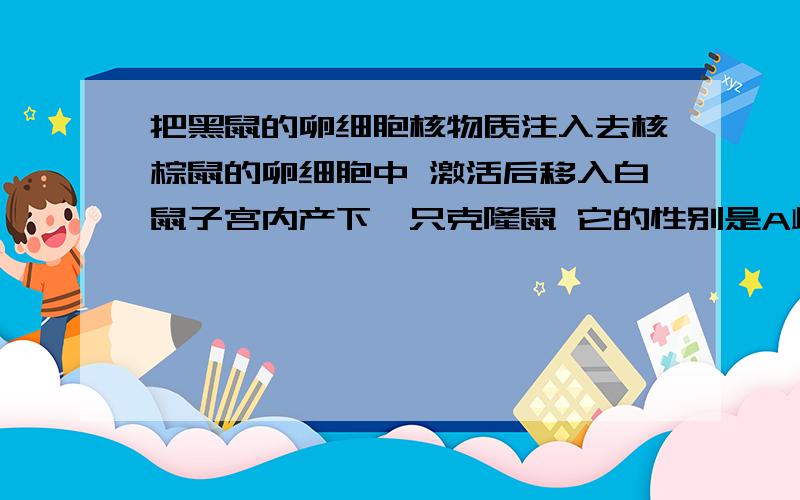 把黑鼠的卵细胞核物质注入去核棕鼠的卵细胞中 激活后移入白鼠子宫内产下一只克隆鼠 它的性别是A雌 B雄