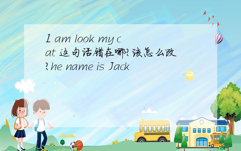 I am look my cat 这句话错在哪?该怎么改?he name is Jack