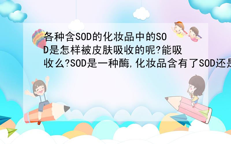 各种含SOD的化妆品中的SOD是怎样被皮肤吸收的呢?能吸收么?SOD是一种酶,化妆品含有了SOD还是化妆品,你不能称它为SOD,看来你是真不懂,非常热心的人.