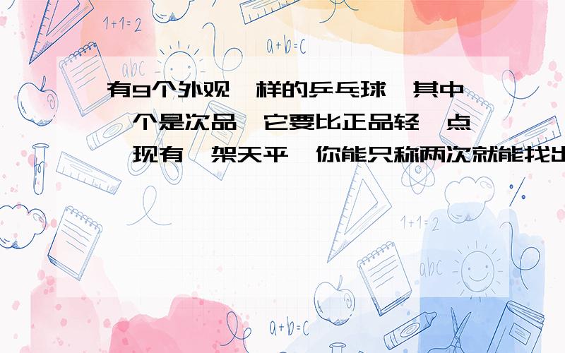 有9个外观一样的乒乓球,其中一个是次品,它要比正品轻一点,现有一架天平,你能只称两次就能找出次品吗?