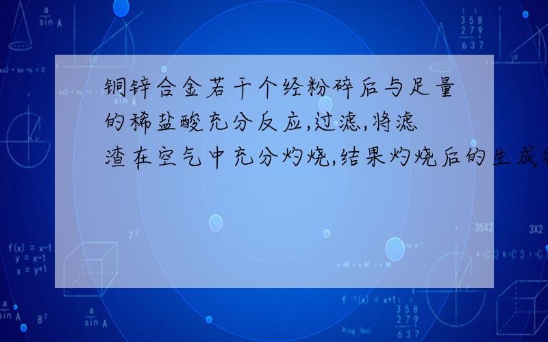 铜锌合金若干个经粉碎后与足量的稀盐酸充分反应,过滤,将滤渣在空气中充分灼烧,结果灼烧后的生成物质量与原合金质量相等,则原合金中锌的质量分数为?过程----------------谢谢!