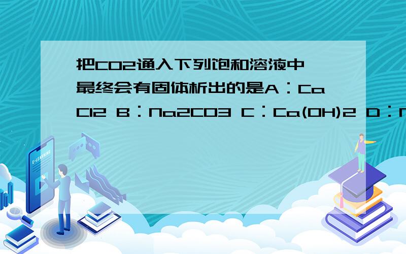 把CO2通入下列饱和溶液中,最终会有固体析出的是A：CaCl2 B：Na2CO3 C：Ca(OH)2 D：NaHCO3