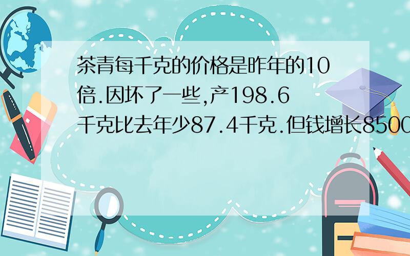 茶青每千克的价格是昨年的10倍.因坏了一些,产198.6千克比去年少87.4千克.但钱增长8500元.求今年产多少急.