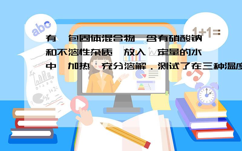 有一包固体混合物,含有硝酸钠和不溶性杂质,放入一定量的水中,加热,充分溶解．测试了在三种温度下剩余固体的质量,其结果如下表：温度 10 40 75剩余固体/克 201 132 72已知硝酸钠在各温度是