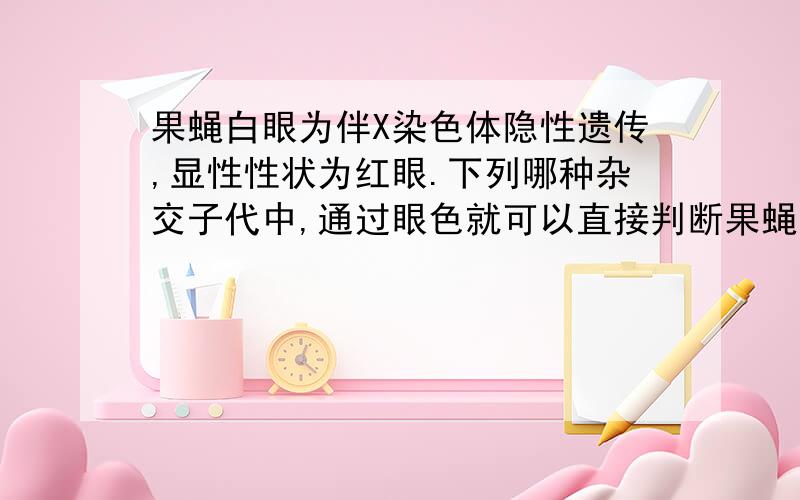 果蝇白眼为伴X染色体隐性遗传,显性性状为红眼.下列哪种杂交子代中,通过眼色就可以直接判断果蝇的性别A 白♀×白♀ B 杂合红♀×红♂C白♀×红♂D杂合红♀×白♂