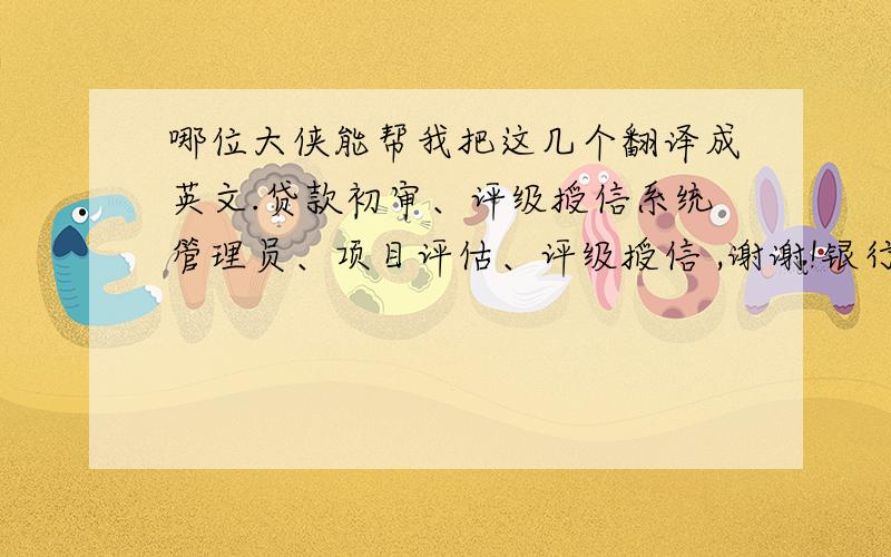 哪位大侠能帮我把这几个翻译成英文.贷款初审、评级授信系统管理员、项目评估、评级授信 ,谢谢!银行的,用于制作名片