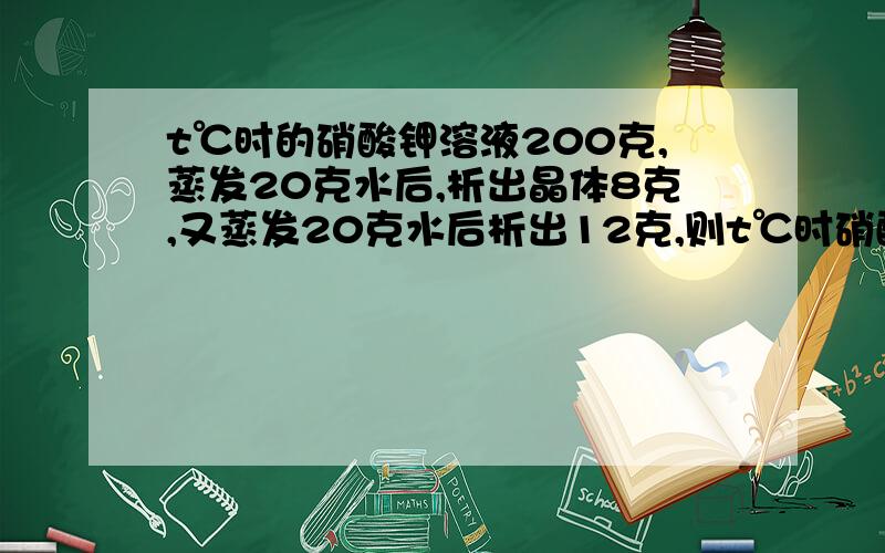 t℃时的硝酸钾溶液200克,蒸发20克水后,析出晶体8克,又蒸发20克水后析出12克,则t℃时硝酸钾的溶解度为?