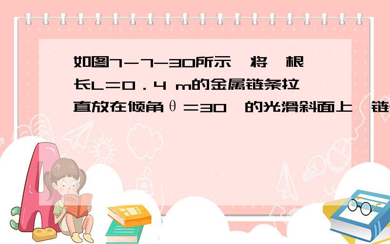 如图7－7-30所示,将一根长L＝0．4 m的金属链条拉直放在倾角θ＝30°的光滑斜面上,链条下端与斜面下边缘相齐,由静止释放后,当链条刚好全部脱离斜面时,其速度大小为__m/s． (g取10 m/s2)图为一斜