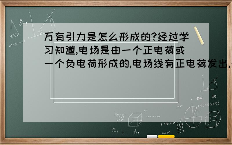 万有引力是怎么形成的?经过学习知道,电场是由一个正电荷或一个负电荷形成的,电场线有正电荷发出,最终指向负电荷,正电荷于负电荷同时产生,同时消失磁场也一样,有N极和S极,磁场力由N发