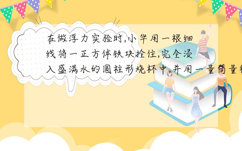 在做浮力实验时,小华用一根细线将一正方体铁块拴住,完全浸入盛满水的圆柱形烧杯中,并用一量筒量得被铁块排开的水的体积为40.5cm ,小华又将铁块从烧杯中提起,量得烧杯中的水位下降了0.62