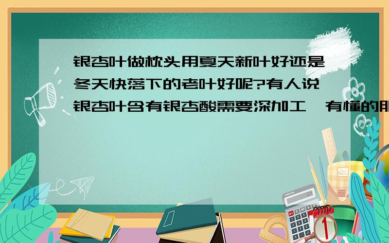 银杏叶做枕头用夏天新叶好还是冬天快落下的老叶好呢?有人说银杏叶含有银杏酸需要深加工,有懂的朋友么门前银杏叶快落光了 弄不了可就要再等一年了