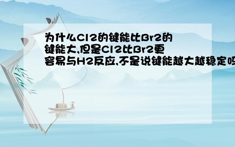 为什么Cl2的键能比Br2的键能大,但是Cl2比Br2更容易与H2反应,不是说键能越大越稳定吗?