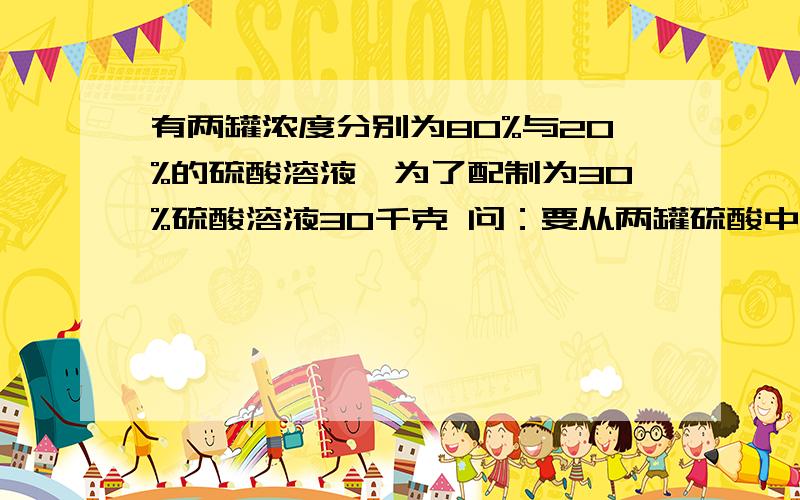有两罐浓度分别为80%与20%的硫酸溶液,为了配制为30%硫酸溶液30千克 问：要从两罐硫酸中各倒出多少千克?