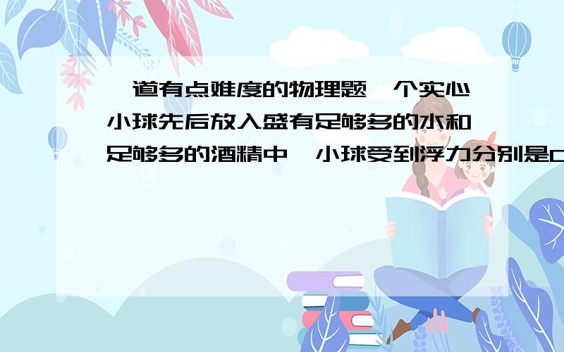 一道有点难度的物理题一个实心小球先后放入盛有足够多的水和足够多的酒精中,小球受到浮力分别是0.9和0.8牛.（已知酒精密度为 0.8*1000千克/立方米）1）分析小球在两种液体中的沉浮状态2