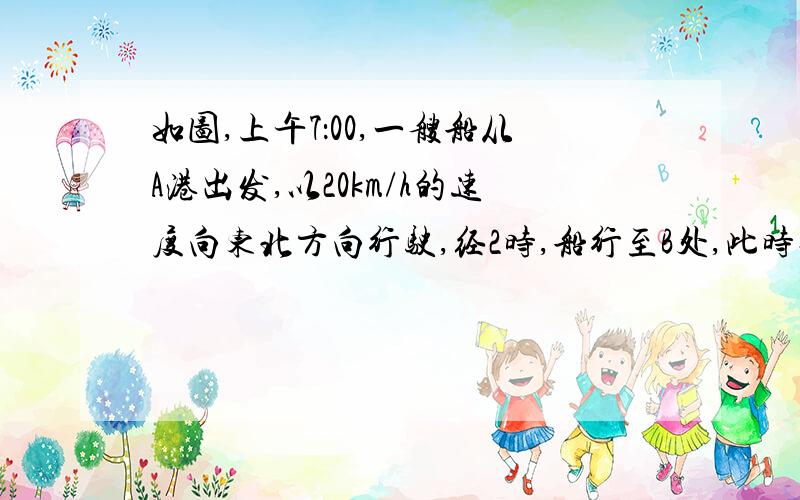 如图,上午7：00,一艘船从A港出发,以20km/h的速度向东北方向行驶,经2时,船行至B处,此时灯塔C在B处的北偏西85°方向.已知灯塔C在A港的北偏西20°方向,求B,C两处的距离.