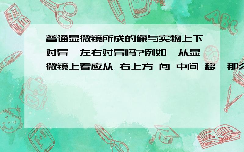 普通显微镜所成的像与实物上下对异,左右对异吗?例如,从显微镜上看应从 右上方 向 中间 移,那么应该怎样移?