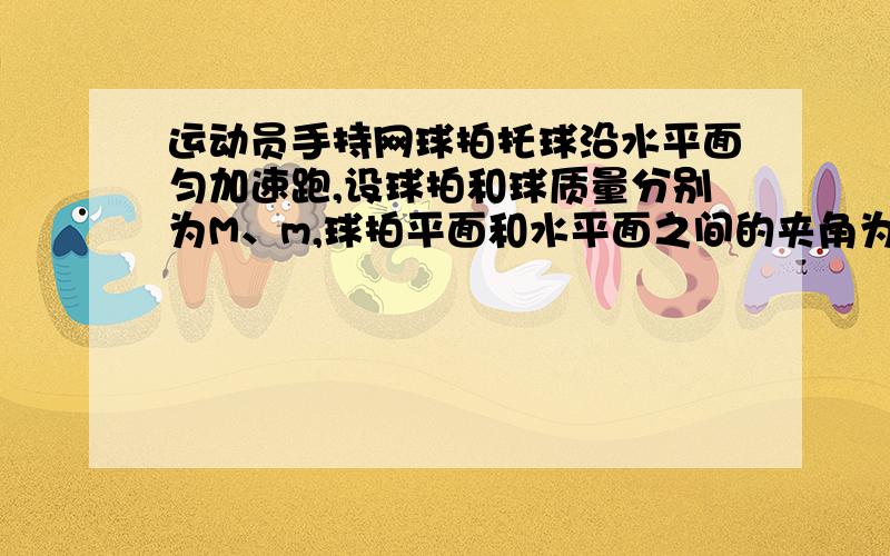 运动员手持网球拍托球沿水平面匀加速跑,设球拍和球质量分别为M、m,球拍平面和水平面之间的夹角为θ,球拍与球保持相对静止,它们间摩擦及空气阻力不计,则 A．运动员的加速度为gsinθB．球