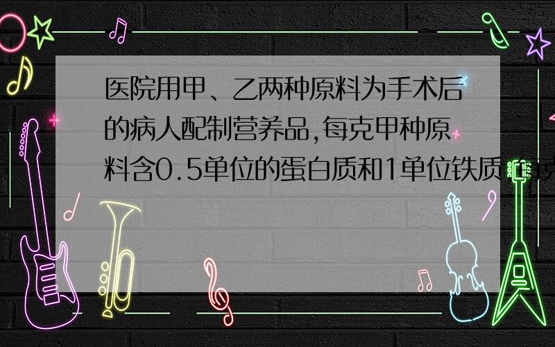 医院用甲、乙两种原料为手术后的病人配制营养品,每克甲种原料含0.5单位的蛋白质和1单位铁质,每克乙种原料含0.7单位的蛋白质和0.4单位铁质.若病人每餐需要35单位的蛋白质和40单位铁质,那