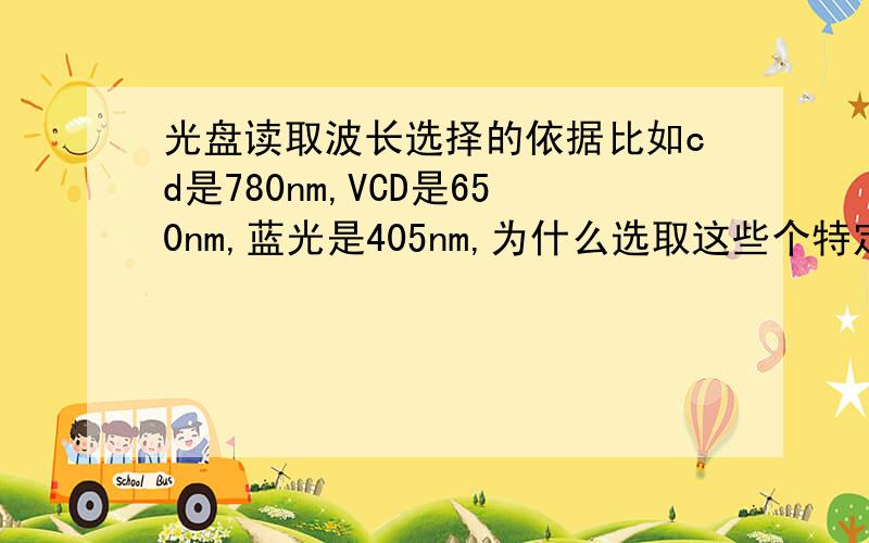 光盘读取波长选择的依据比如cd是780nm,VCD是650nm,蓝光是405nm,为什么选取这些个特定的波长?有什么依据还是历史传统?