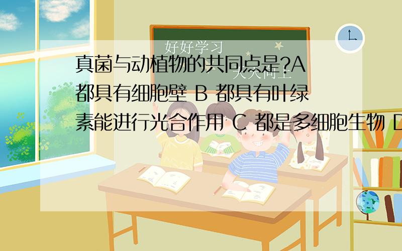 真菌与动植物的共同点是?A 都具有细胞壁 B 都具有叶绿素能进行光合作用 C 都是多细胞生物 D 都具有细胞核属于真核生物