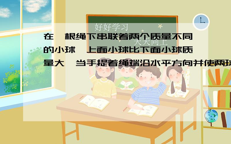 在一根绳下串联着两个质量不同的小球,上面小球比下面小球质量大,当手提着绳端沿水平方向并使两球一起作匀加速运动时（空气阻力不计）,则下图中正确的是