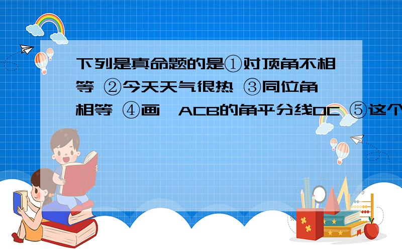 下列是真命题的是①对顶角不相等 ②今天天气很热 ③同位角相等 ④画∠ACB的角平分线OC ⑤这个角等于30°吗?