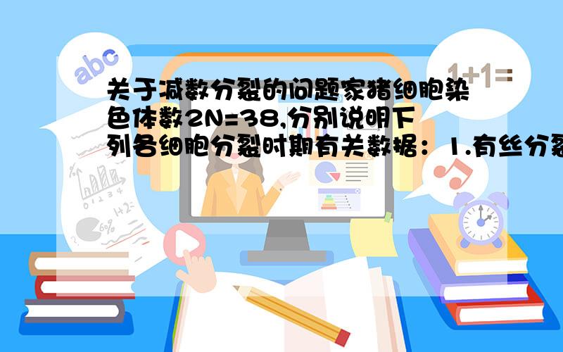 关于减数分裂的问题家猪细胞染色体数2N=38,分别说明下列各细胞分裂时期有关数据：1.有丝分裂前期,后期着丝点数2.减数第一次分裂前期,后期着丝点数；第二次分裂前,后期着丝点数3.减数第