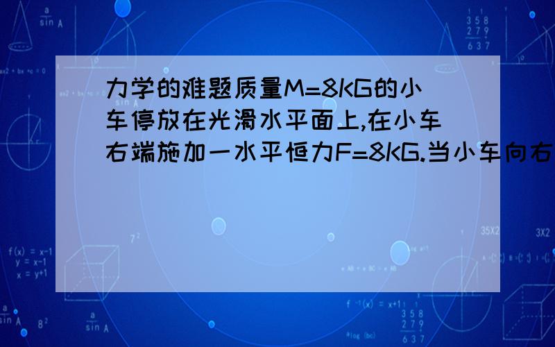 力学的难题质量M=8KG的小车停放在光滑水平面上,在小车右端施加一水平恒力F=8KG.当小车向右运动速度达到3M/S时,在小车的右端轻放一质量M=2KG的小物块,物块与小车间的动摩擦因数U=0.2,假定小