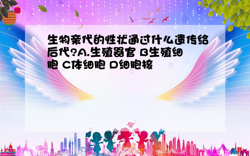 生物亲代的性状通过什么遗传给后代?A.生殖器官 B生殖细胞 C体细胞 D细胞核