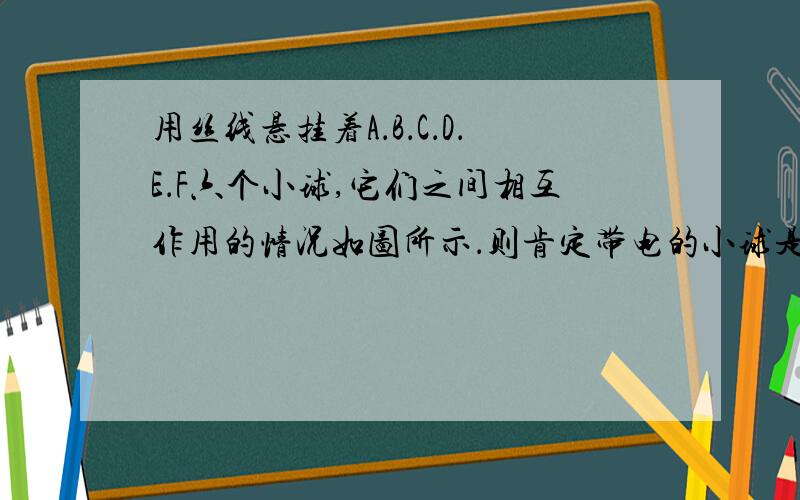 用丝线悬挂着A．B．C．D．E．F六个小球,它们之间相互作用的情况如图所示．则肯定带电的小球是；肯定不肯定带电的小球是；肯定不带电的小球是；不能肯定是否带电的小球是